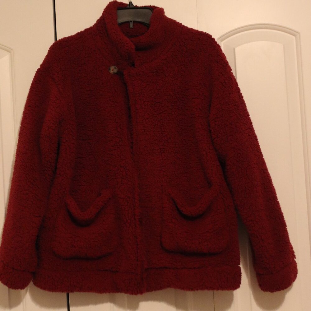 Comeon Fuzzy Faux Shearling Cozy Warm Cardigan Burgundy Single button Medium